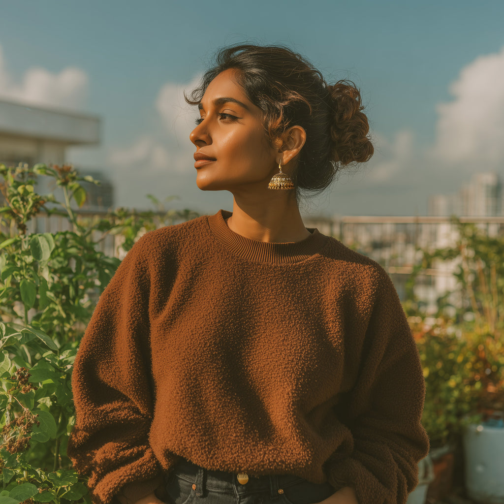 Woman wearing a brown sweater standing outdoors with greenery and buildings in the background